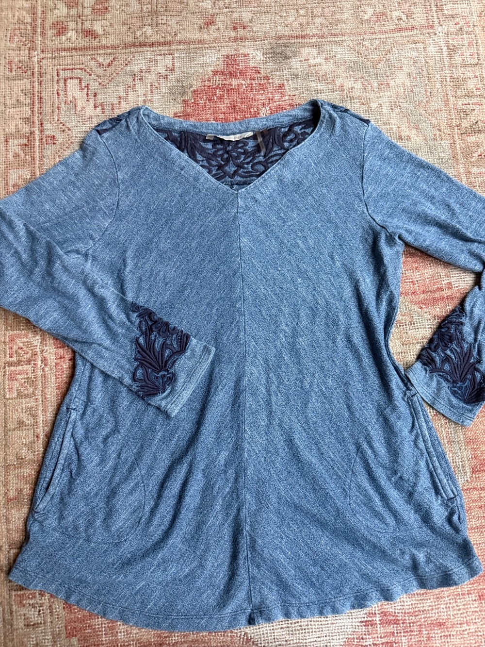 Soft Surroundings Blue V-Neck Tunic with Embroidered Accents
